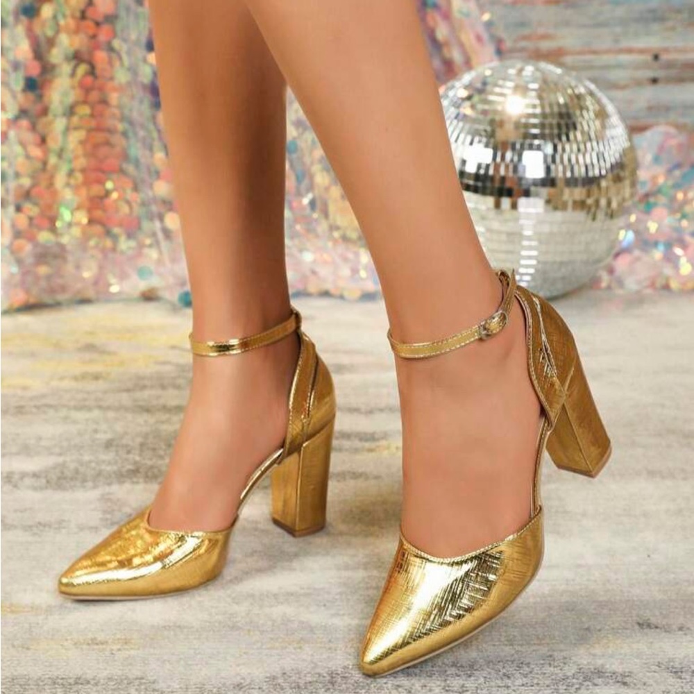 Ladies' Gold Pointed-toe High Heels With Ankle Strap And Cut-out Design - Picture 2 of 4